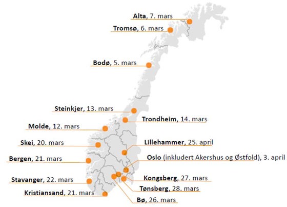 Kart som viser dato og sted for 15 regionale samlinger