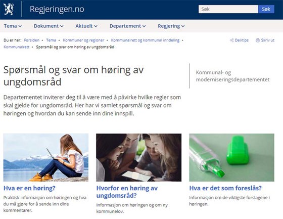Skjermdump av nettside med spørsmål og svar om høring av ungdomsråd
