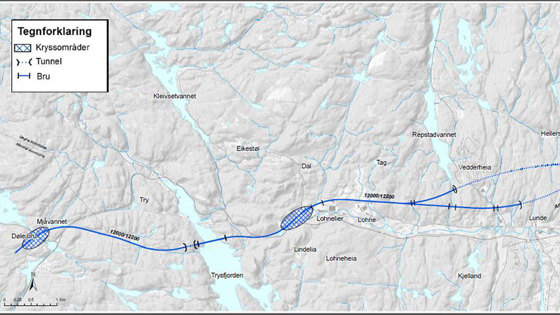 Statens vegvesen anbefaler alternativ 12000 (sydligste veilinje) vedtas og legges til grunn for videre planlegging av E39 på strekningen Volleberg-Døle bru. Kilde: Statens vegvesen. 