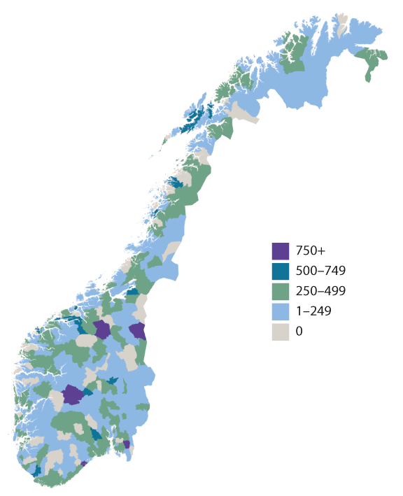 Figur 3.16 Gjennomsnittlig stønadsbeløp hos allmenntannlege per voksne innbyggere. Kroner