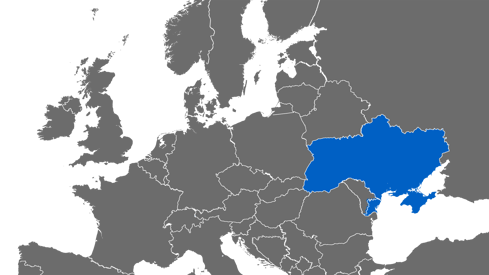 Grått kartutsnitt av Europa med Ukraina framhevet i blått.