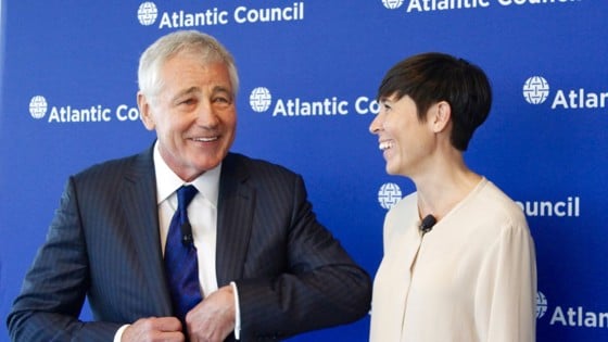 Fellow ministers Chuck Hagel and Ine Eriksen Søreide.